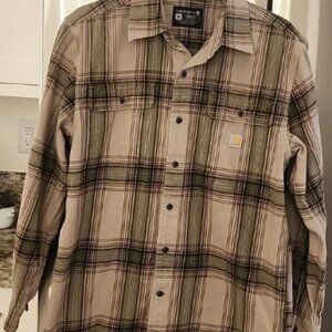Carhartt Men's Heavyweight Flannel Long-Sleeve Plaid Tan/Green Shirt Medium